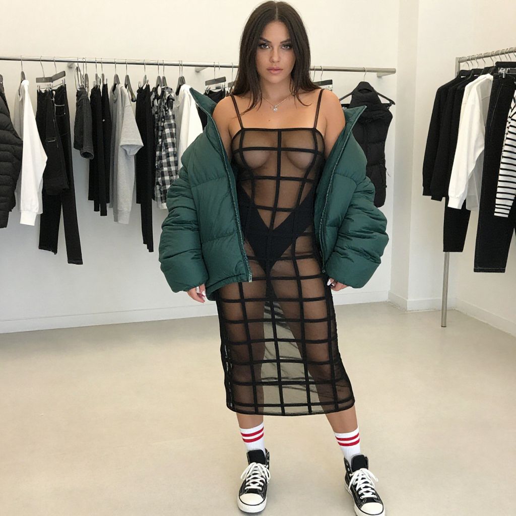 Woman in Sheer Grid Pattern Dress with Green Puffer Jacket in Fashion Store