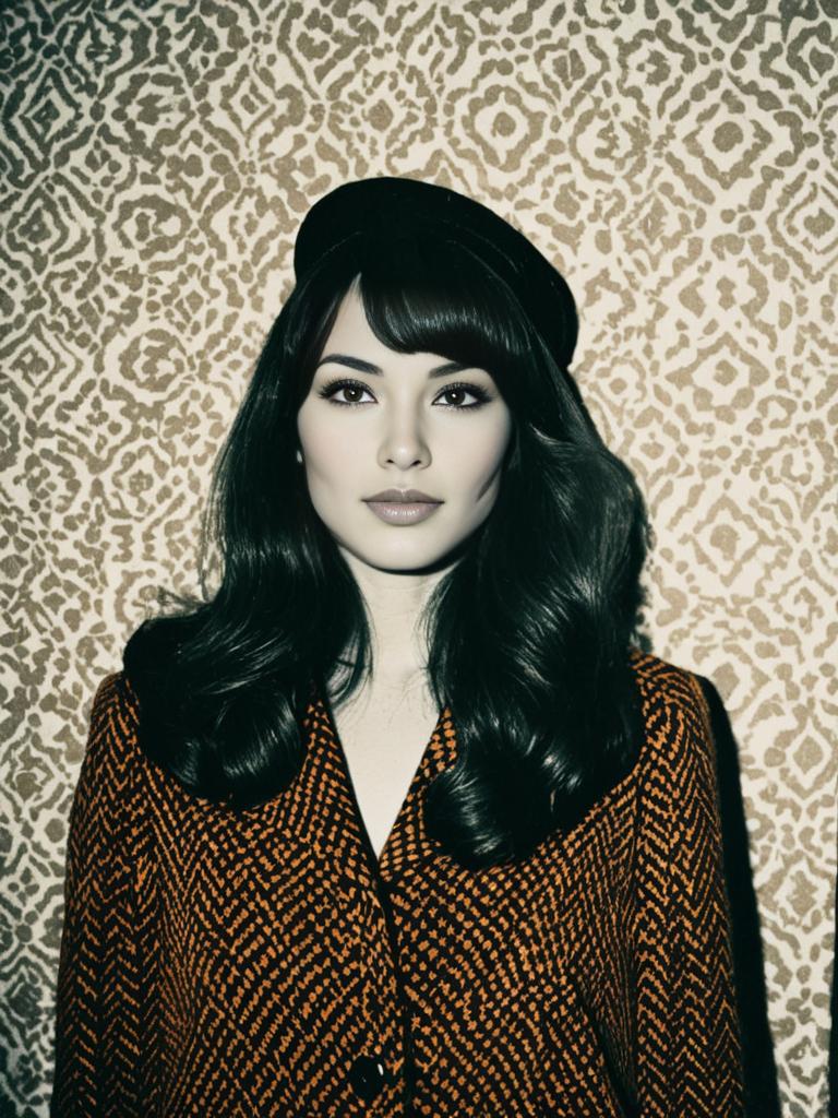 Elegant Woman in Retro Houndstooth Coat and Black Beret Portrait