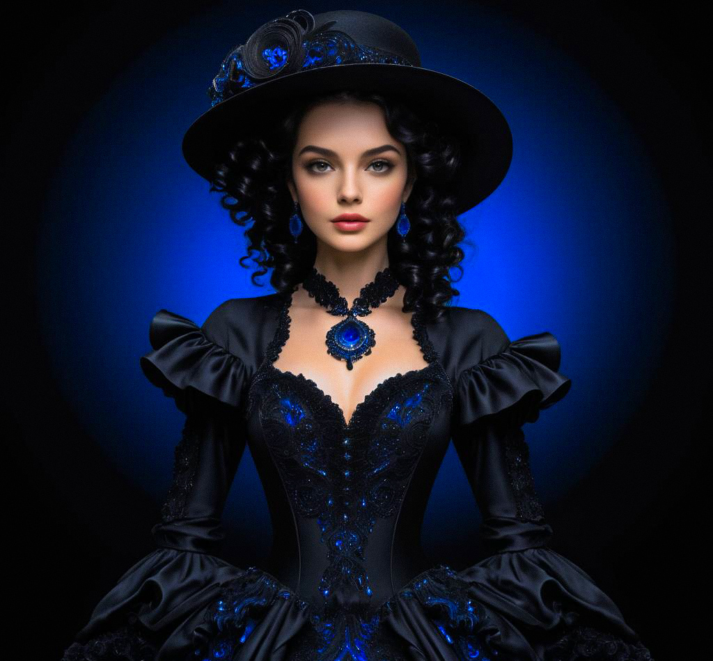 Elegant Woman in Black Gown with Blue Embellishments