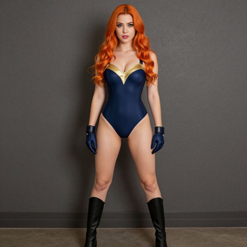 Woman in Navy Blue and Gold Superhero Bodysuit with Red Hair