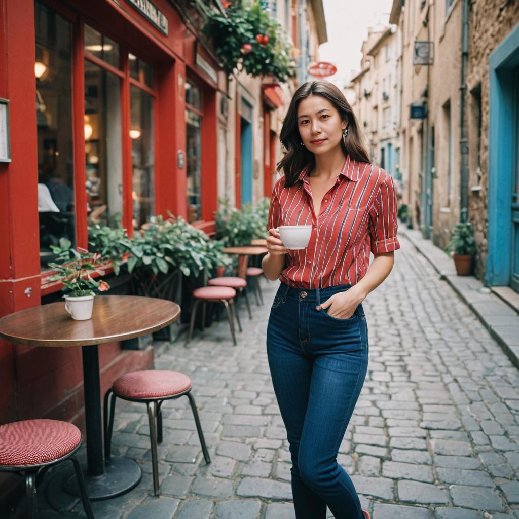 Stylish Woman in Alleyway with Coffee