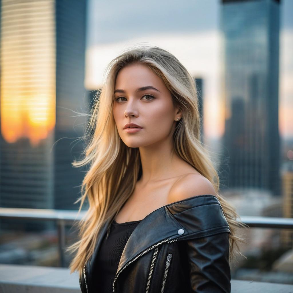 Blonde Woman in Black Leather Jacket on Urban Rooftop at Sunset