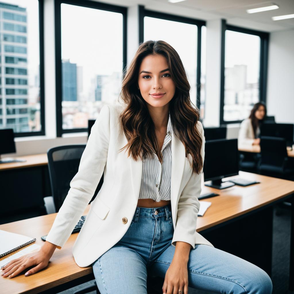 Confident Young Woman in White Blazer Sitting in Modern Office