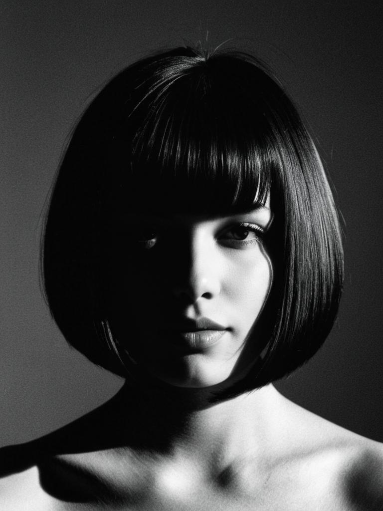 Black and White Portrait of Woman with Bob Haircut in Dramatic Lighting