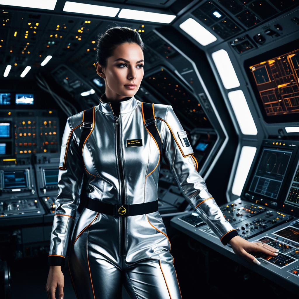 Woman in Silver Space Suit Inside Futuristic Spaceship Control Room