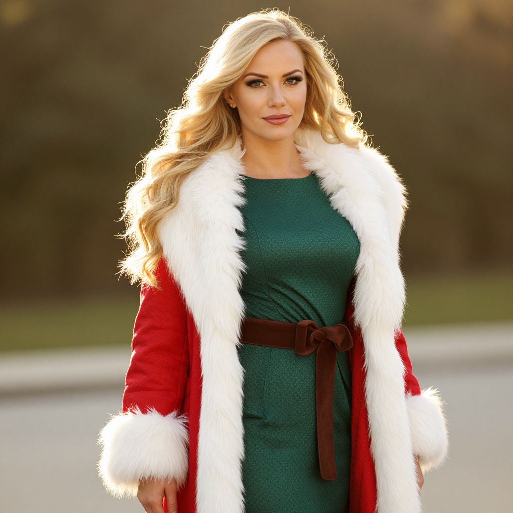 Blonde Woman in Green Dress and Red Fur-Trimmed Coat Outdoors