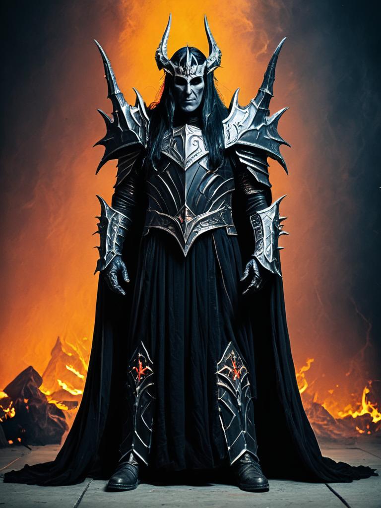 Man Cosplay Wearing Realistic Morgoth Costume with Horned Helmet and Black Armor
