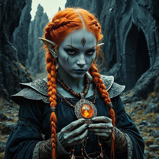 Red-Haired Elf Woman in Dark Fantasy Landscape Holding Amber Pendant