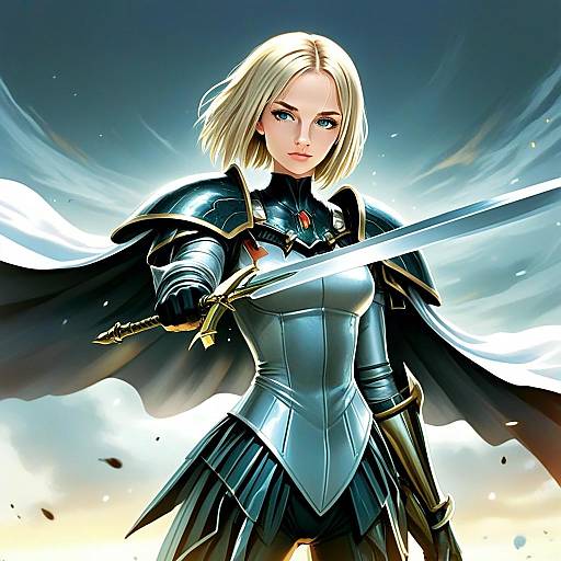 Blonde Woman Knight in Shining Armor with Sword - Fantasy Illustration
