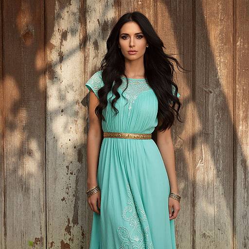 Elegant Woman in Turquoise Embroidered Dress Against Rustic Wooden Wall