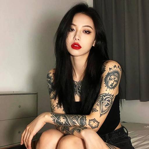 Tattooed Woman with Long Black Hair and Red Lipstick Posing Indoors