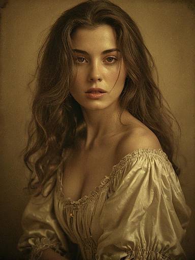 Vintage Style Portrait of Woman in Satin Off-Shoulder Blouse