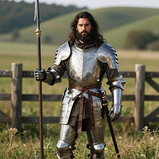 Man in Shiny Medieval Armor Holding Spear Outdoors
