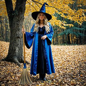 Woman Witch in Blue Cloak and Hat Holding Broom in Autumn Forest