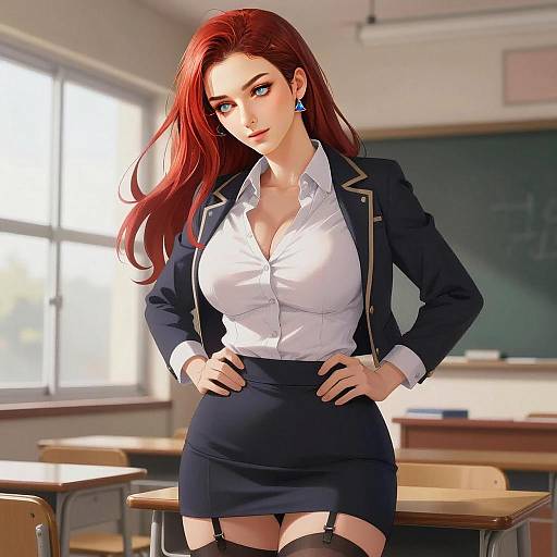 Confident Red-Haired Woman in School Uniform Anime Artwork