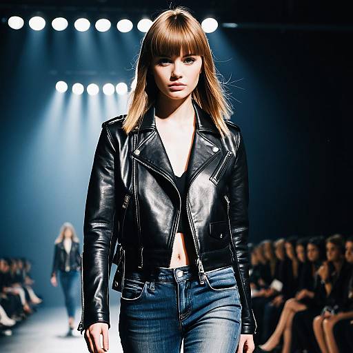 Runway Model Wearing Black Leather Jacket and Blue Jeans on Fashion Catwalk