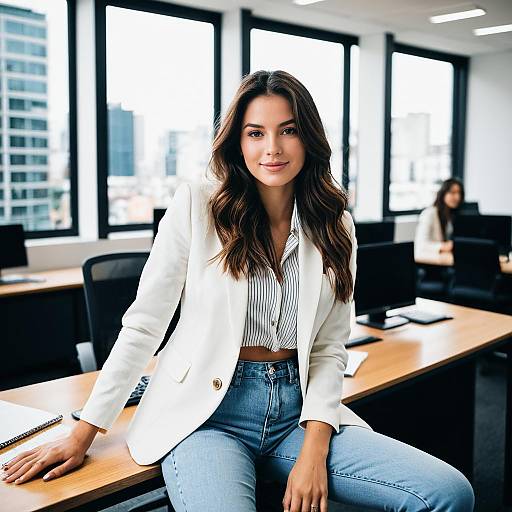 Confident Young Woman in White Blazer Sitting in Modern Office