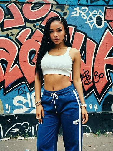 90s Hip Hop Style Woman in Crop Top and Blue Track Pants Posing