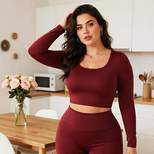 Woman in Burgundy Crop Top and Leggings in Modern Kitchen