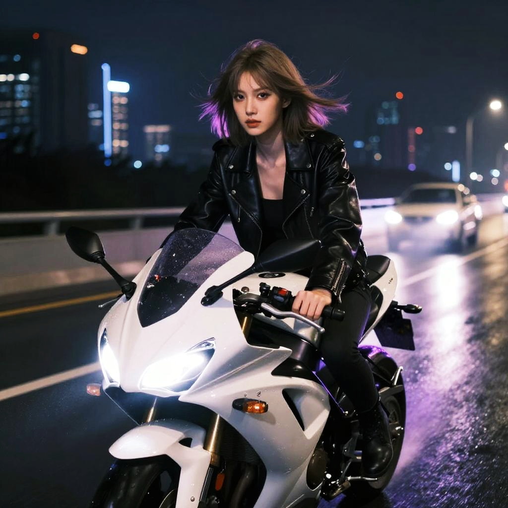 Young Woman Riding White Sport Motorcycle at Night in Urban Setting