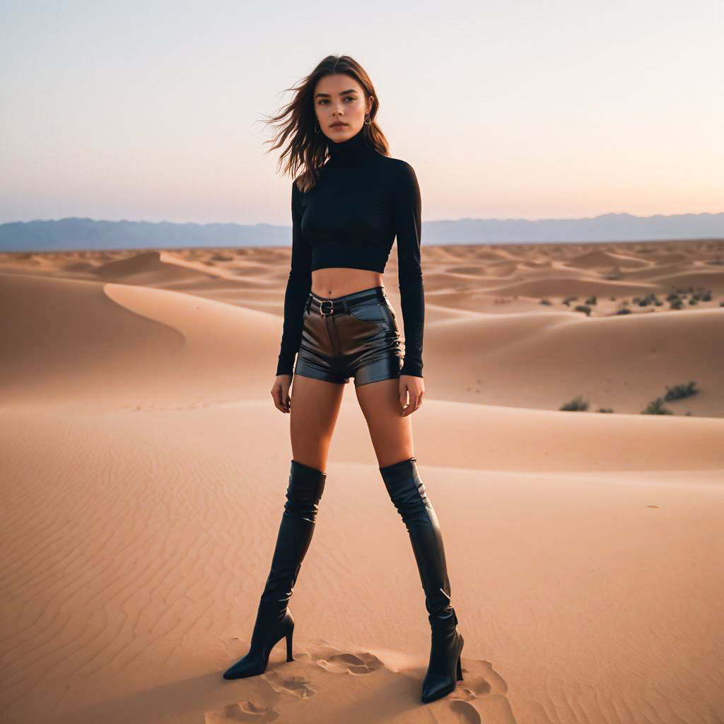 Fashionable Woman in Desert at Sunset