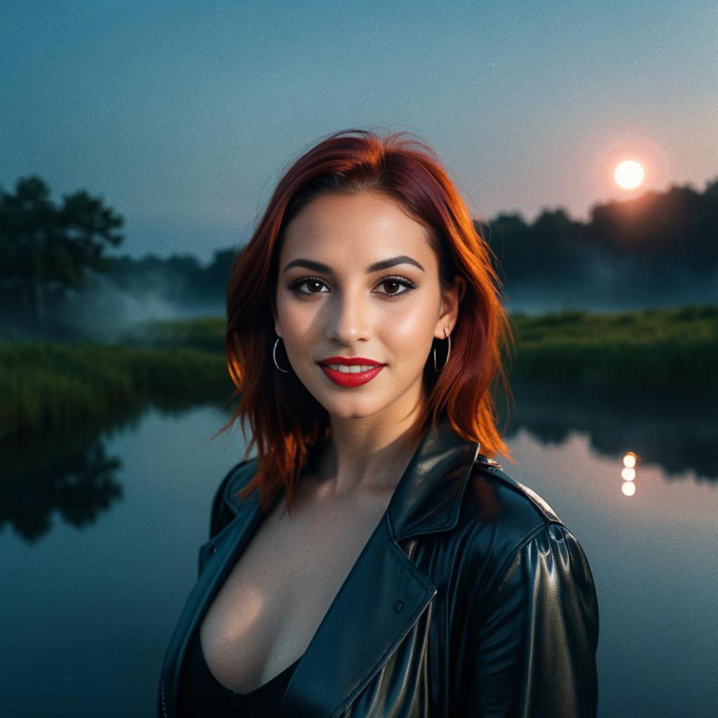 Woman with Red Hair by Lakeside at Sunset