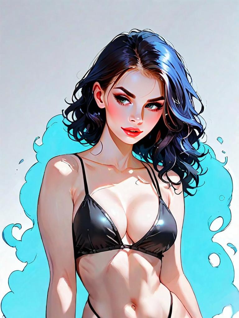 Realistic Comic Style Portrait of Woman in Black Bikini Top