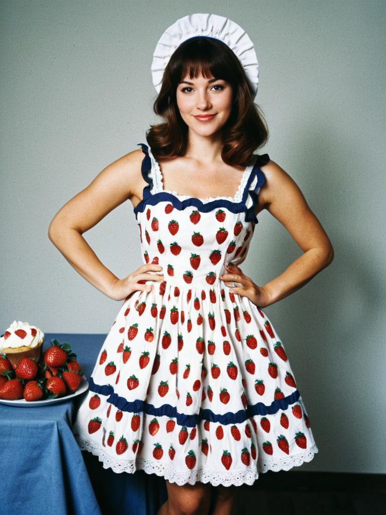 Vintage Strawberry Print Dress Woman Smiling with Cupcake and Strawberries