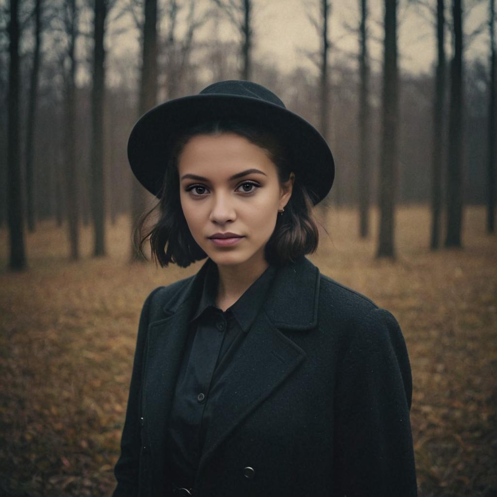 Poised Woman in Stylish Outfit Against Autumn Forest