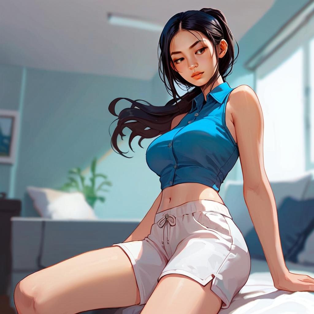 Young Woman in Blue Crop Top and White Shorts Young Woman in Blue Crop Top and White Shorts