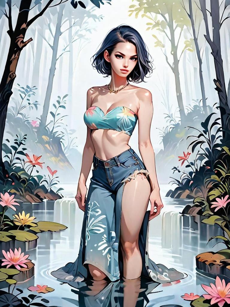 Fantasy Forest Woman Standing in Stream with Tropical Crop Top and High-Slit Jeans Digital Art
