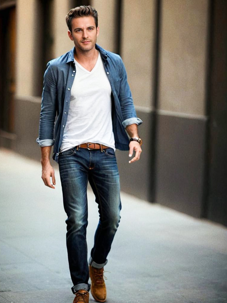 Stylish Man in Denim Shirt and Boots