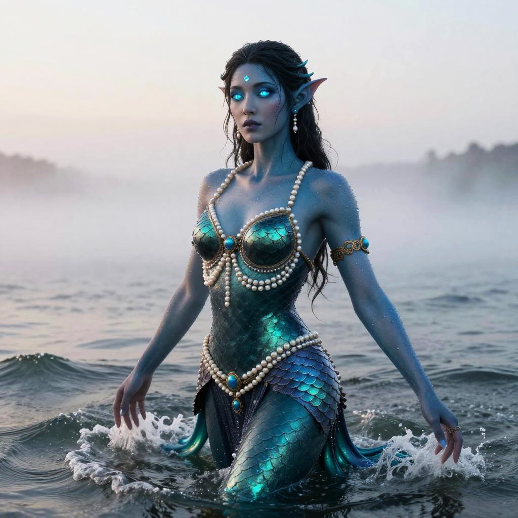 Mythical Mermaid Woman with Glowing Blue Eyes and Scale Armor in Ocean
