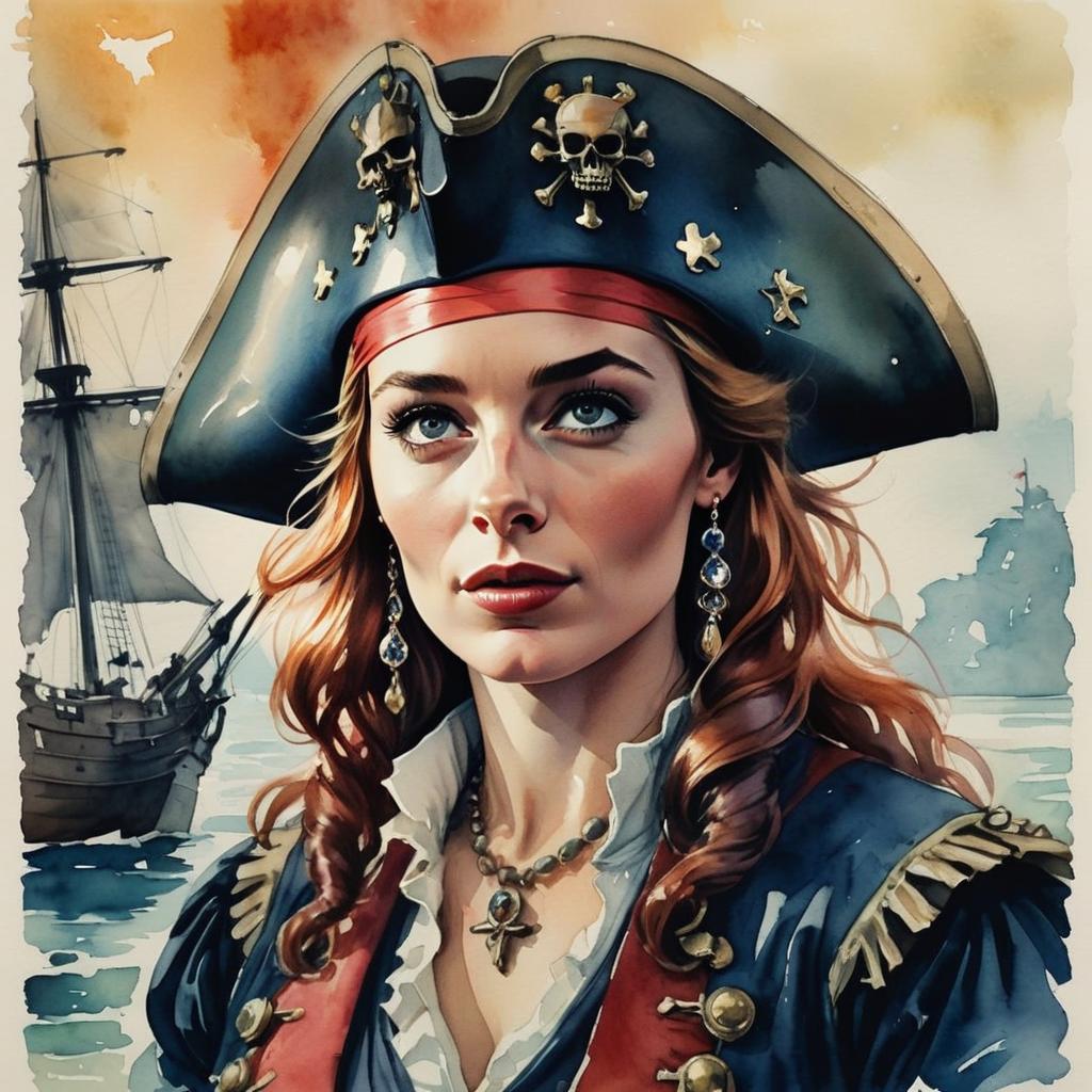 Determined Pirate Woman with Sailing Ship