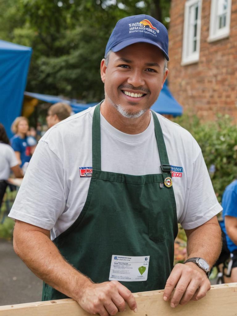 Cheerful man in apron volunteering at a community event