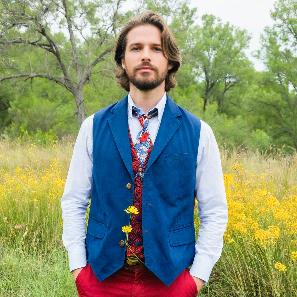 Man in Blue Vest and Red Pants in Yellow Wildflowers