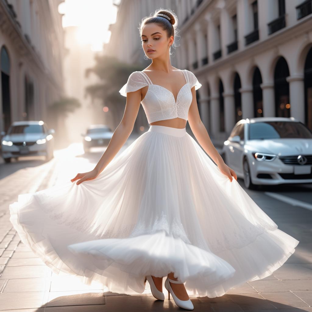 Elegant Woman in White Dress on City Street