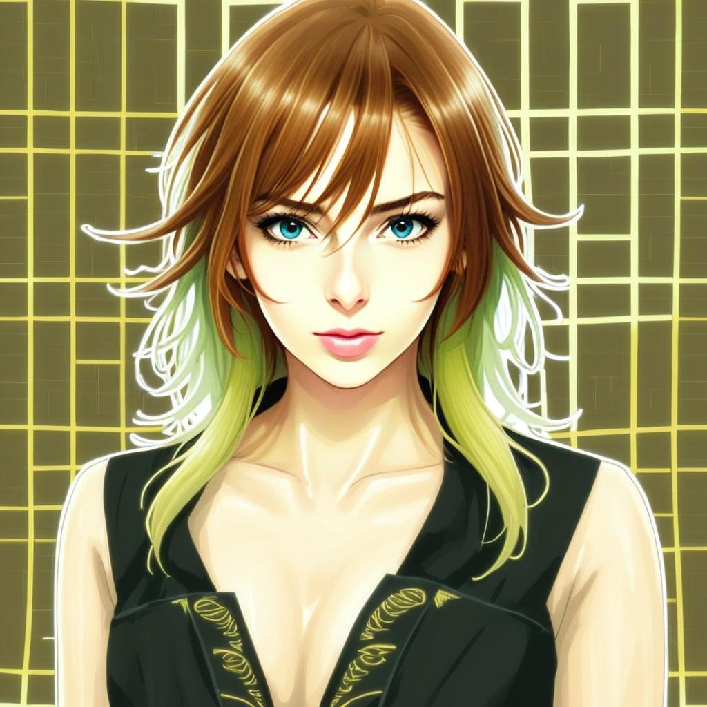 Anime Woman with Blue Eyes and Green-Tipped Hair in Black Dress Illustration