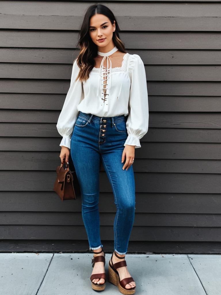 Casual Chic Woman in White Lace-Up Blouse with Bishop Sleeves and High-Waisted Jeans