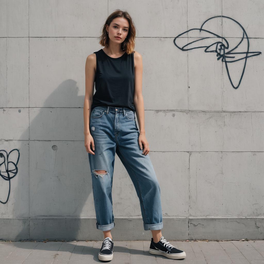 Urban Casual Style Woman in Ripped Jeans and Black Sleeveless Top