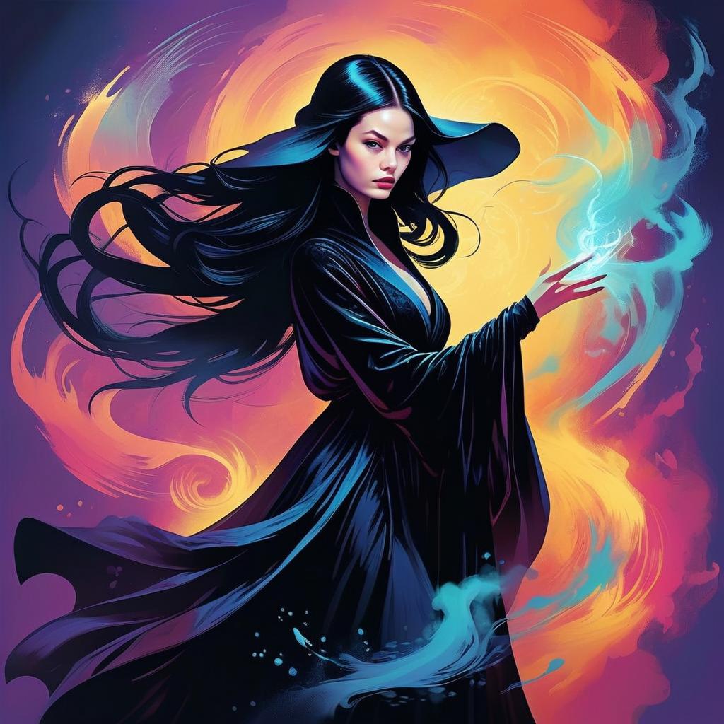 Mystical Woman in Black Robe with Magical Energy Mystical Woman in Black Robe with Magical Energy
