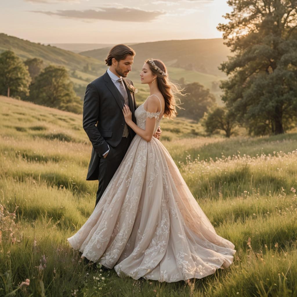 Romantic Couple in Wedding Attire at Golden Hour