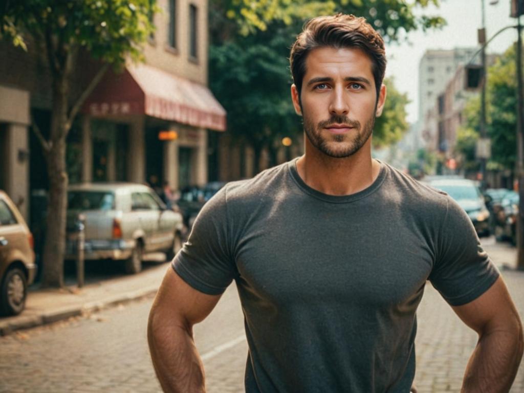 Confident Man on Cobblestone Street in Urban Setting