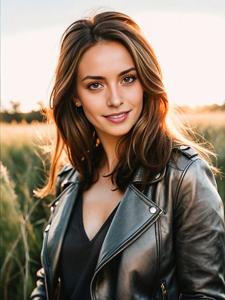 Confident Young Woman in Sunlit Field Confident Young Woman in Sunlit Field