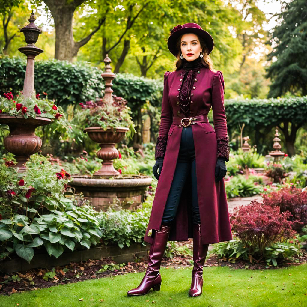 Chic Vintage Woman in Burgundy Coat in Garden