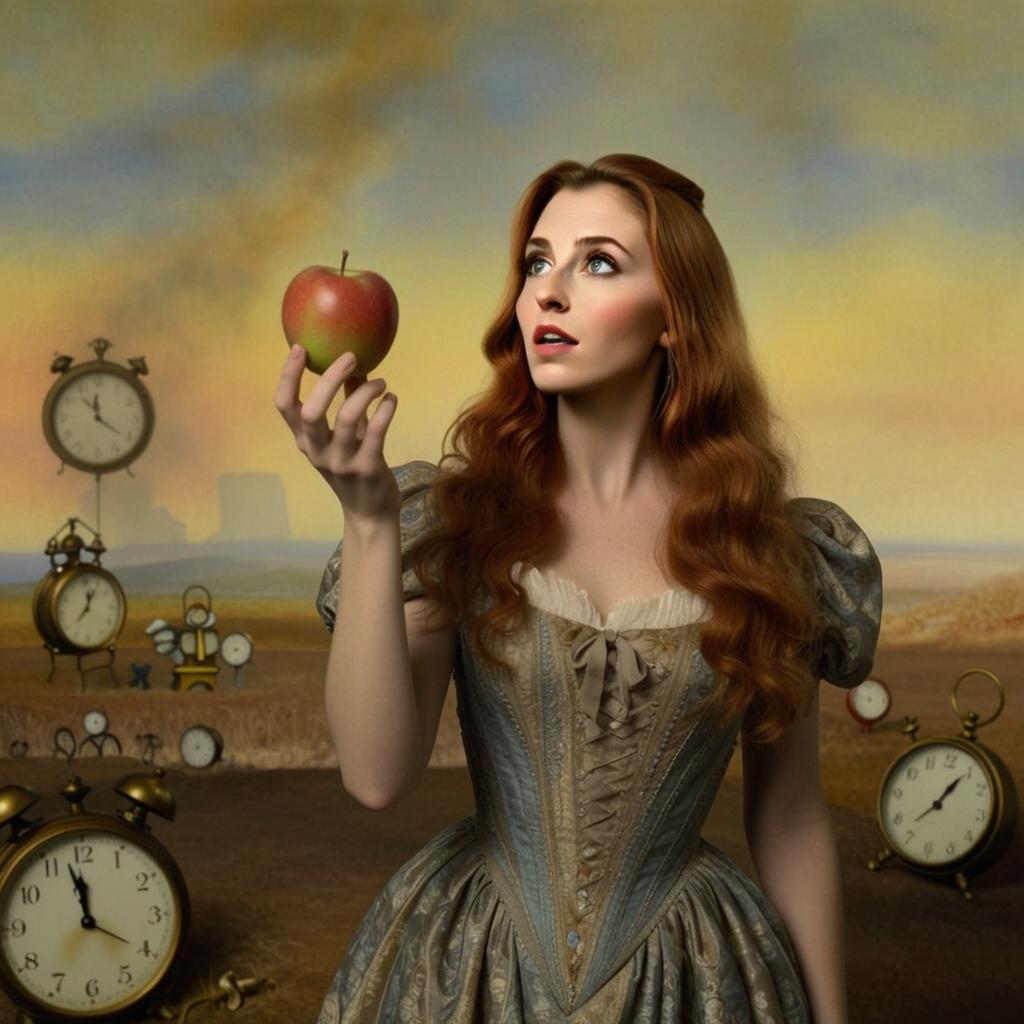 Victorian Woman Holding Apple Surrounded by Vintage Clocks in Surreal Landscape