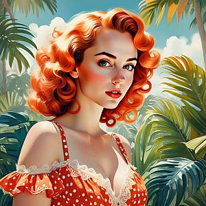 Vibrant Red-Haired Woman in Vintage Dress