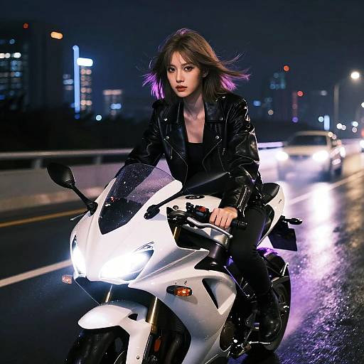 Young Woman Riding White Sport Motorcycle at Night in Urban Setting