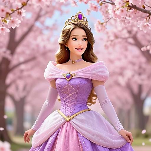 Elegant Princess in Purple Gown Amid Cherry Blossom Trees Digital Illustration