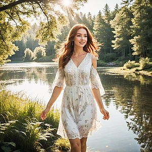 Woman in White Dress by Lakeside